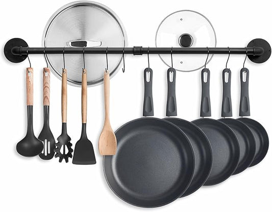 38.5 inch Pot Rack Wall Mounted Detachable Pan Rack Organizer Industrial Pipe Hanging Rail Lids Utensils Hanger Holder for Kitchen with 10 S Hooks, Black…