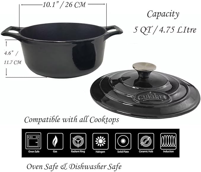 La Cuisine Enameled Cast Iron Dutch Oven Casserole Dish Pot with Lid 5 QT 10 Inches Dia. Matt Black Enamel Coating Interior, Glossy Black Exterior, Oven-Safe, Induction Cooktop Compatible