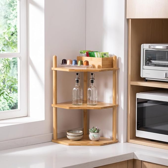 2-Packs 3-Tier Expandable Bamboo Corner Shelf - Dish/Plate Organizer for Cabinet, Kitchen Counter Shelf & Small Kitchen Shelf, Adjustable (2, 3Tier-6.7" H)