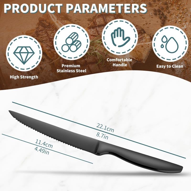 Black Steak Knives Set of 6, Stainless Steel Serrated Kitchen Steak Knives