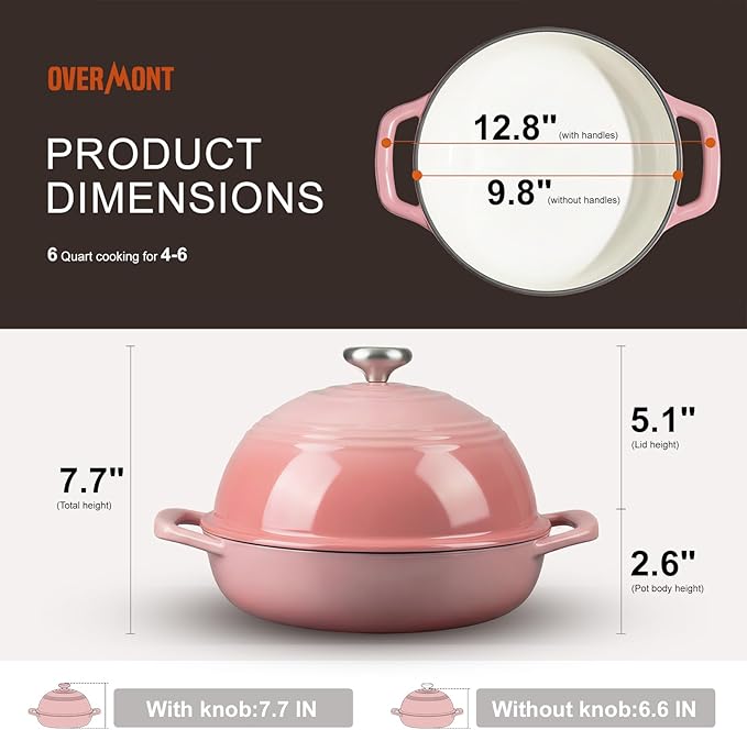 Overmont Enameled Cast Iron Bread Oven - 6QT Bread Dutch Oven for Sourdough Bread Baking - Bread Pot with Dome Lid Cotton Potholders & Cookbook - Multi-Functional Bread Pan For Baking Frying Roasting
