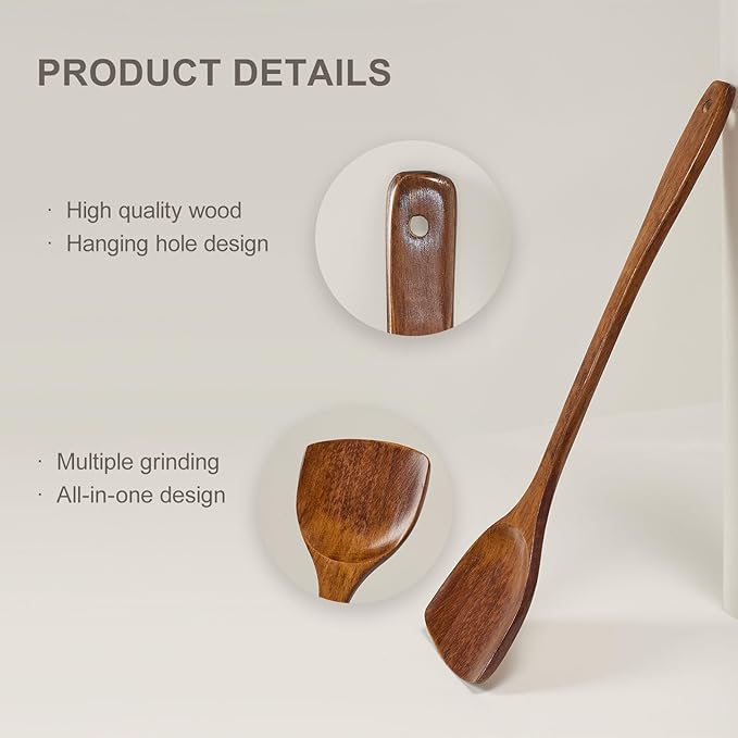 Wooden Cooking Spatula 15.35 Inch Long Handle Flat Turner Handmade Kitchen Utensil for Stir Fry Hot Pot Serving Food Tool