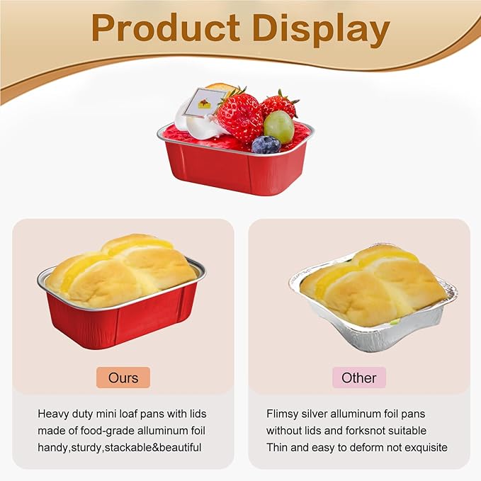 Mini Cake Pans With Lids And Spoons,5.5 oz Rectangle Mini individual Loaf Pans Disposable Aluminum Foil Small Baking Cups Tins (100, Red)