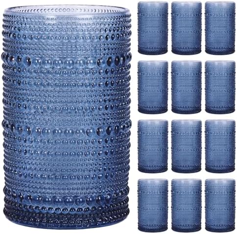 Moretoes12 Pack 12 Oz Blue Hobnail Drinking Glasses Set Water Glass Cups