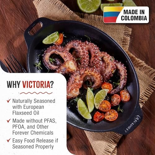 Victoria 11.5-Inch Oval Cast Iron Sizzle Pan, Preseasoned Grill and Baking Pan for Fajitas and Steaks, Made in Colombia