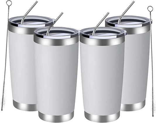 MEWAY 20oz Tumbler 4 Pack Double Wall Vacuum Insulated Travel Mug Bulk, Stainless Steel Tumblers with Lid and Straw, Durable Powder Coated Coffee Cups for Cold & Hot Drinks (White, 4)