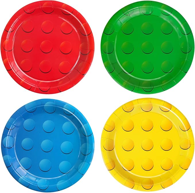48Pcs Building Block Paper Plates, Colorful Building Bricks Themed Party Supplies 7" Building Block Disposable Plates for Birthday Baby Shower Party Decorations