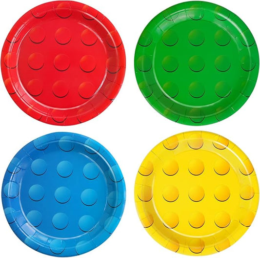 48Pcs Building Block Paper Plates, Colorful Building Bricks Themed Party Supplies 7" Building Block Disposable Plates for Birthday Baby Shower Party Decorations