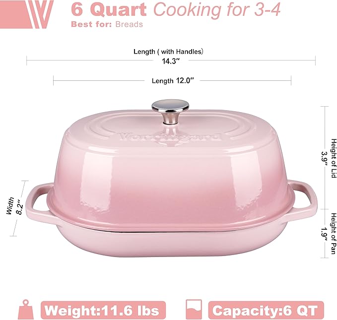 Enameled Cast Iron Dutch Oven Pot with Dome Lid, Oval Bread Oven for Homemade Sourdough Bread Baking, Oven Safe up to 500°F, 6 Quart, Pink