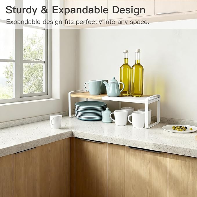 Expandable Cabinet Shelf Organizer & Spice Rack, Stackable Kitchen Counter Riser with Anti-Slip Legs, Bamboo Cupboard Storage for Dish, Plate & Canned Food, Small Shoe Rack for Closet (White)