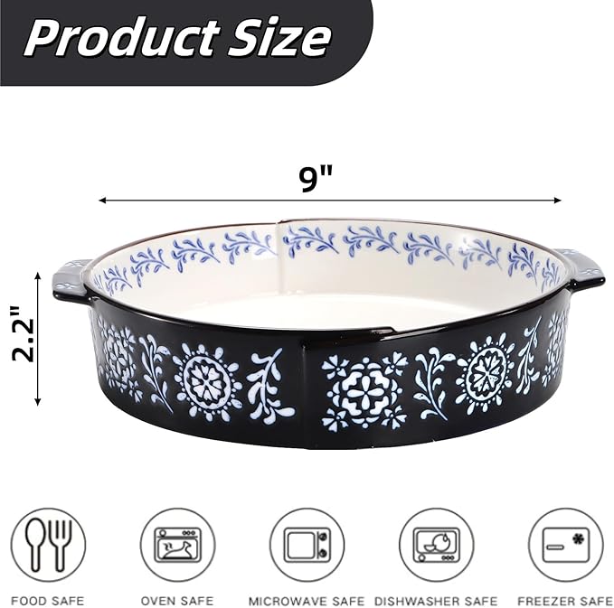 2 Pack Ceramic Baking Dish, 9 Inch Non-Stick Pie Pan with Double Handle, 44 Oz Deep and Fluted Pie Plate for Apple Pies, Quiche, Cake, Tart, Oven Microwave Dishwasher Safe, Red, Blue