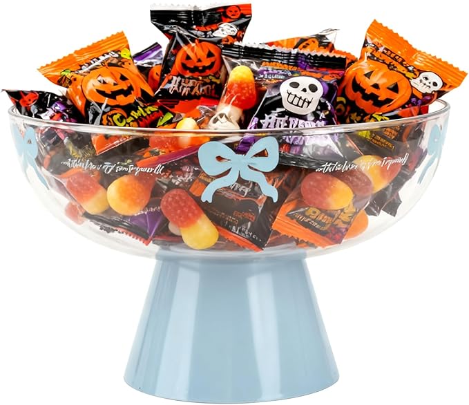 Candy Bowl with Pedestal Base, Decorative Clear Plastic Bowl with Cute Pattern for Candy, Fruit, Vegetable, Coffee Pods, 9.5x9.5x6 Inches (Blue)