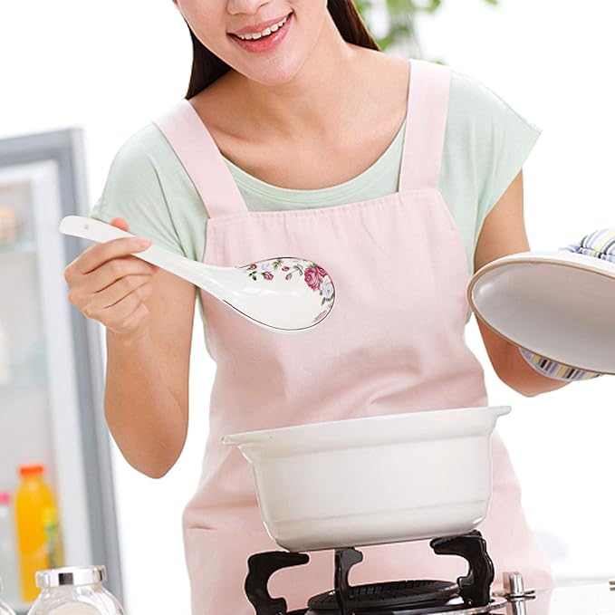 Big Porcelain Spoon Bone china Large Porridge Spoons White Ceramic Flatware Soup Spoons Long Handled Flower Pattern Scoop(Flower Pattern)