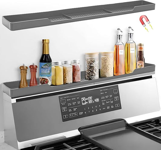 30 Inch Magnetic Stove Top Shelf | 3-Zone Kitchen Organizer with Anti-Slip & Anti-Fall Design | Heat Resistant (-40°F to 446°F) Food-Grade Silicone Spice Rack for Flat Stoves-Grey