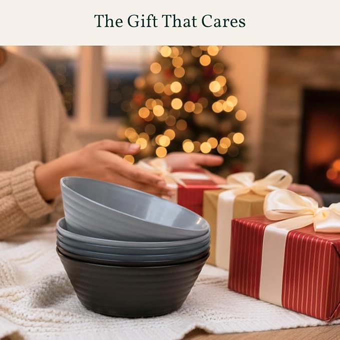 Homienly Wheat Straw Bowls 50 OZ, Reusable Unbreakable Large Cereal Bowls Soup Bowl Set, 6 PCS Microwave Safe Bowl for Kitchen, Camping, Family Dinner, Ramen, Popcorn - Black Grey