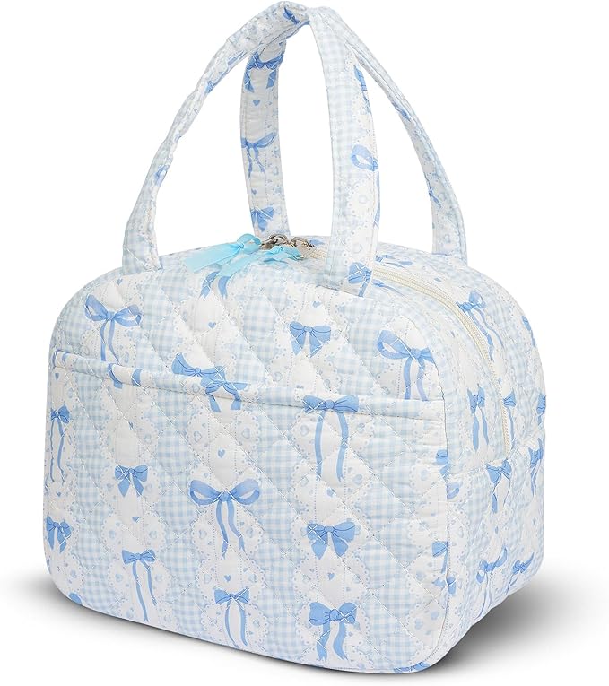 Quilted Lunch Box for Women,Coquette Aesthetic Lunch Box for Teen Girls,Cute Floral Lunch Bags for Work, School,Office,Picnic,Travel (Blue Bow)
