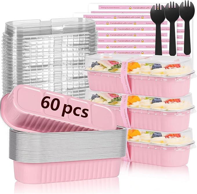 60 Pack Mini Loaf Pans with Lids and Spoons Sealing Sticker, 6.8oz Mini Cake Pans for Baking, Disposable Aluminum Foil Loaf Pans, Pink Loaf Baking Pans, Small Cake Containers With Lids