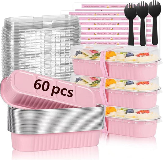 60 Pack Mini Loaf Pans with Lids and Spoons Sealing Sticker, 6.8oz Mini Cake Pans for Baking, Disposable Aluminum Foil Loaf Pans, Pink Loaf Baking Pans, Small Cake Containers With Lids