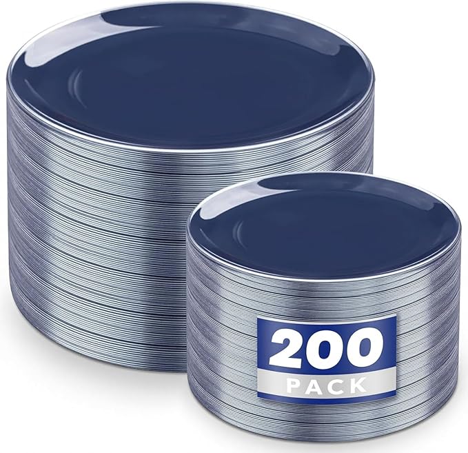 KIRE 200PCS Blue Plastic Plates with Silver Rim - Navy Blue Plastic Plates Include 100 Dinner & Dessert Plate - Heavy Duty Dark Blue Disposable Plate for Passover/Parties/Wedding