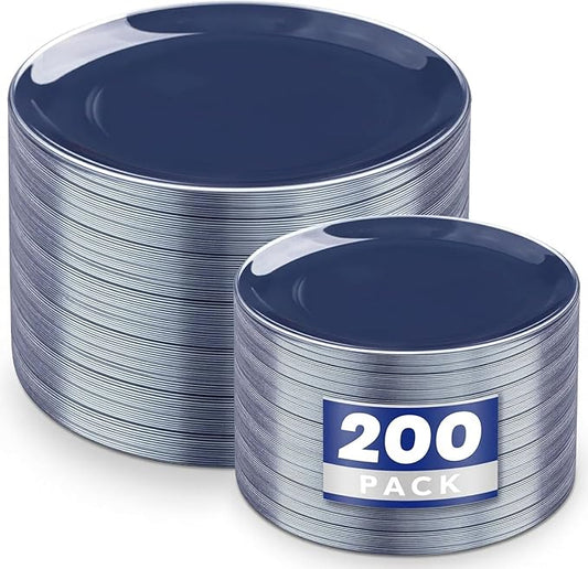 KIRE 200PCS Blue Plastic Plates with Silver Rim - Navy Blue Plastic Plates Include 100 Dinner & Dessert Plate - Heavy Duty Dark Blue Disposable Plate for Passover/Parties/Wedding