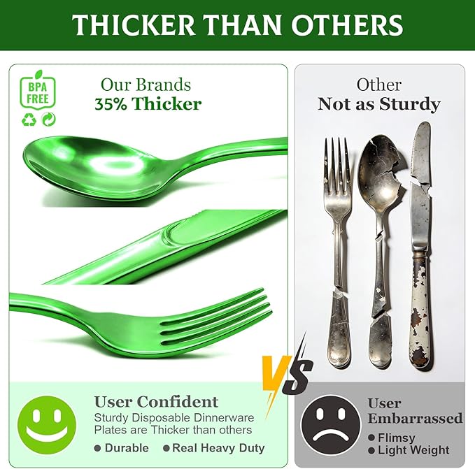 306 Count Heavy Duty Plastic Silverware - 102 Forks, 102 Knives, 102 Spoons Green Disposable Plastic Utensils Set Plastic Flatware Bulk Cutlery Sets for Holiday Party Dinner Wedding Gathering