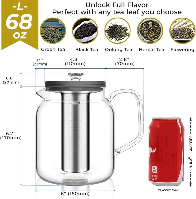 Aquach Glass Teapot with Infusers for Loose Tea, 68 Oz Glass Tea Kettle Dishwasher and Stovetop Safe, Plastic-Free Borosilicate Glass Tea Pot and Stainless Steel Tea Infuser
