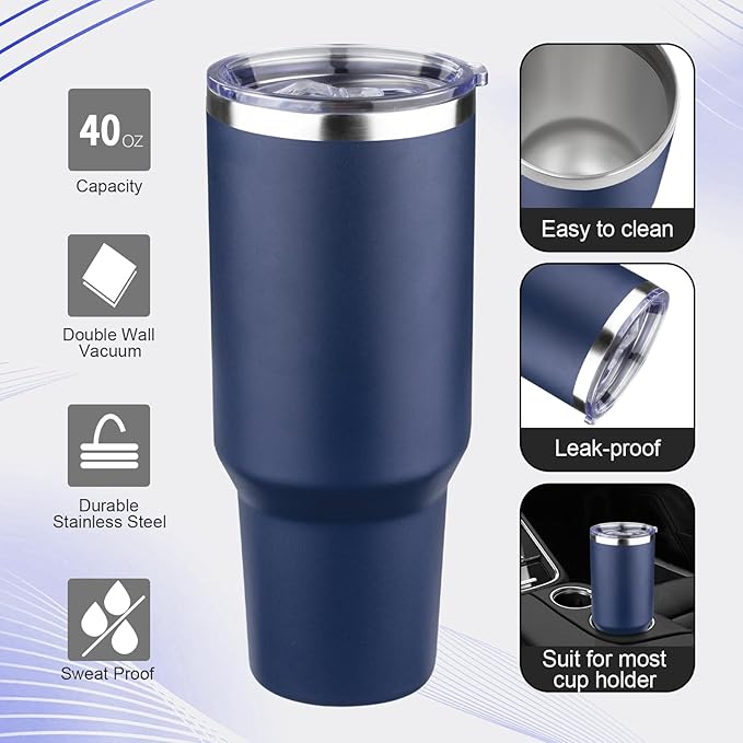 40 oz Tumbler with Lids and Straws Double Wall Vacuum Insulated Tumbler Cup,Stainless Steel Leak-proof Thermal Tumbler Powder Coated Travel Coffee Mug for Cold and Hot Drinks,Navy Blue
