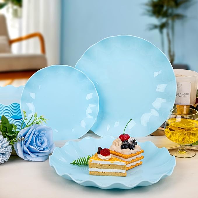 LIYH 24 Pcs Blue Plastic Plates Reusable - Unbreakable Light Blue Easter Scalloped Plates, Dishwasher Safe Camping Plate for Parties, Birthday, Picnics, BPA Free (12Guests)