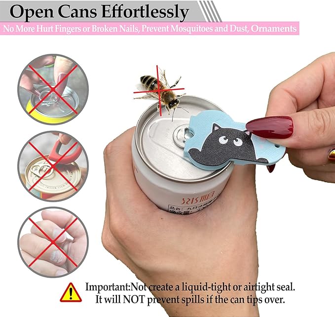 Soda Can Tab Opener Mini Soda Can Cover Easy Tab Opener and Drink Protector Cute Beverage Barricade Soda Protector for Beer,Coke,Aluminum Cans at Party,BBQ, Beach(Cat Face Blue)