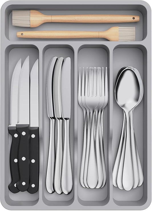 Lifewit Silverware Drawer Organizer Tray, Plastic Cutlery Storage for Kitchen, Flatware and Utensil Holder Divider for Spoons Forks Knives Tableware, 9.1 x 12.6", 5 Slots, Gray