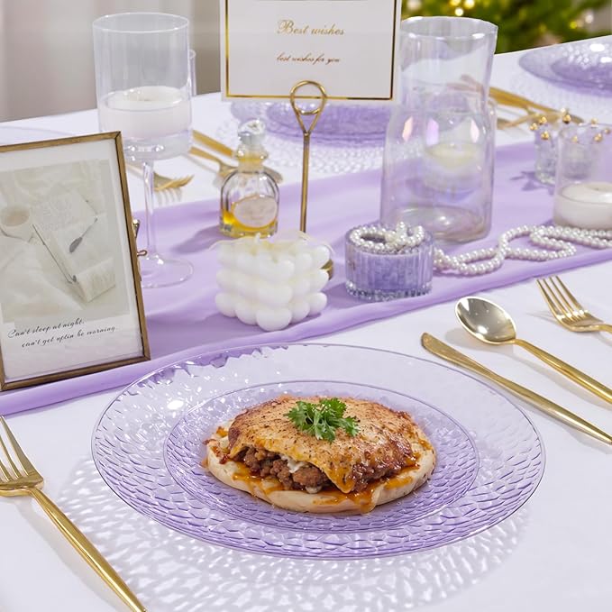 Rubtlamp 60PCS Purple Plastic Plates, Purple Disposable Party Plates, Heavy Duty Plastic With Hammered, Fancy Disposable Platos Include 30 Dinner Plate, 30 Cake Plate For Parties Wedding