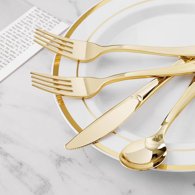 BESTVIP 200PCS Gold Plastic Silverware, Gold Disposable Utensils, Heavy Duty Cutlery Set of 100 Forks, 50 Spoons, 50 Knives for Parties, Weddings, Catering and Daily Use