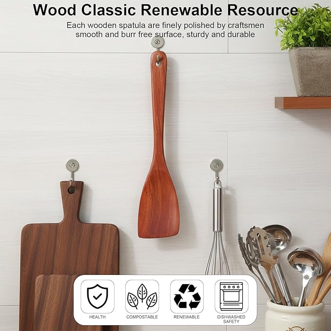 2 Pcs Wooden Spatula for Cooking, 12.2 Inch Long Handle Wood Flat Frying Cooking Spatulas, Wooden Kitchen Spatula Scraper Utensils, Right Hand Woods Turner for Nonstick Pans Cook Frying Baking