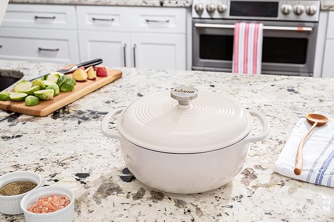 Lodge Essential Enamel Cast Iron Dutch Oven with Lid - Induction- Oven-Safe Enamel Cookware up to 500° F - Heat-Retaining Braising & Roasting Pot - Non-Toxic Cookware - 7.5 Quart, Oyster White