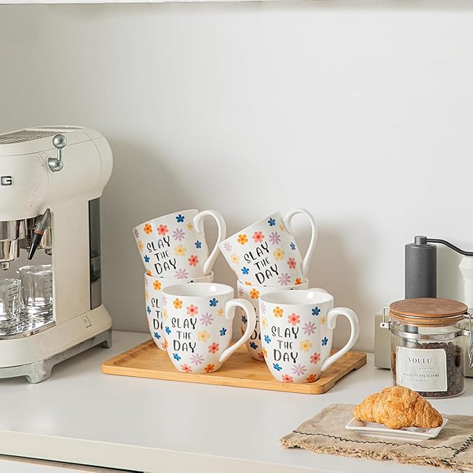16 OZ Coffee Mugs Set of 6, Aesthetic Cute Cups with Retro Floral Pattern, Inspirational Affirmation Gifts for Women, Coworkers, Friends, Ceramic, (White)