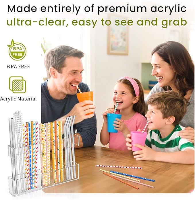 9.5” Large Acrylic Straw Holder for Cabinet Door 2 pack - Reusable tumbler straw organizer, Compact Kitchen Gadget Container, adhesive cupboard door organizer (Transparent)
