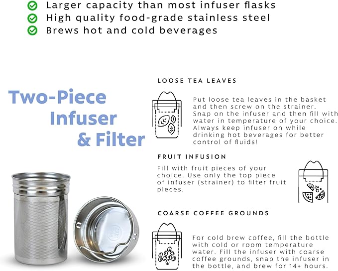 The London Sip 25 oz Multi-Function Travel Mug and Tumbler Tea Infuser Water Bottle Fruit Infused Flask Hot and Cold Double Wall Stainless Steel Coffee Thermos, Zen Black, Pack of 2