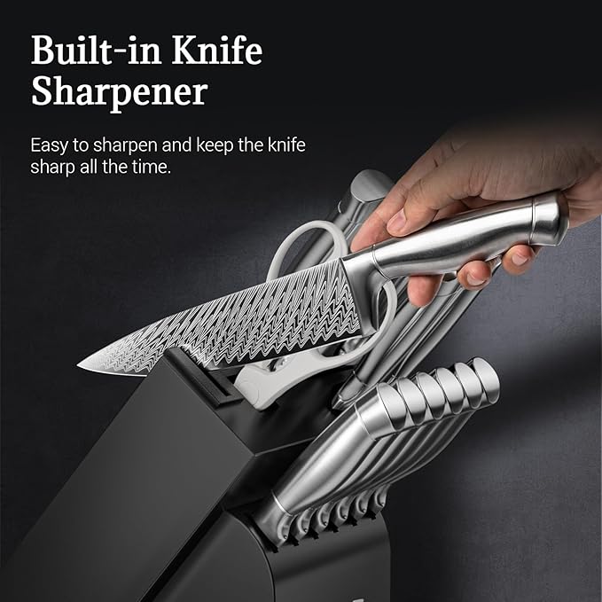 Knife Set, Emojoy 15 Pieces Kitchen Knife Block Set with Built-in Sharpener, High Carbon Stainless Steel Sharp Knife Block Set with Hollow Handle