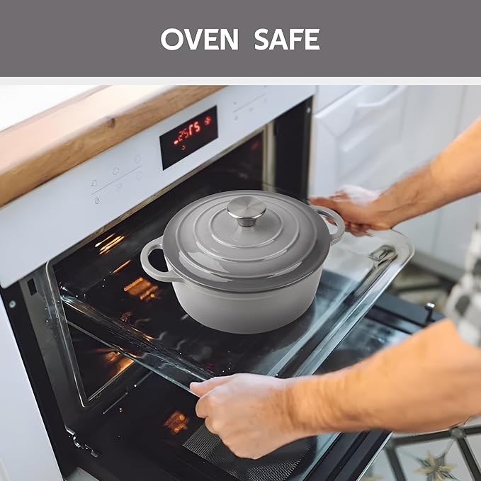 4 Quart Dutch Oven Enameled Cast Iron with Lid - Big Dual Handles - Oven Safe up to 500°F - Classic Round Pot for Versatile Cooking Light Gray