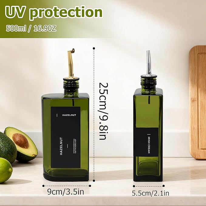 R DRURLCD Green Glass Olive Oil Dispenser, 16.9oz/500ml Curved Cooking Oil and Vinegar, Soy Sauce Dispenser, Coffee Syrup Bottles，2 Gold Silver Stainless Steel Pourers, 36 Labels，Funnel