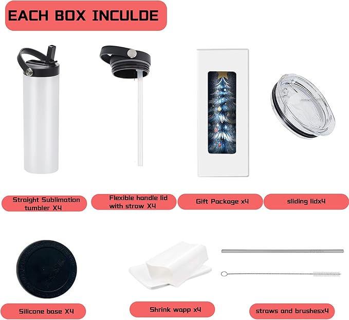 20oz sublimation sport tumblers blanks with two lids，flat edge sublimation tumblers，double wall stainless steel insulted cup，for Heat Transfer, White (4, with flex handle lid)