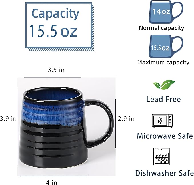 Large Ceramic Coffee Mug, Handmade Pottery Mugs, Tea Cups with Big Handle for Office and Home, 15.5 oz, Dishwasher and Microwave Safe (Star Blue)