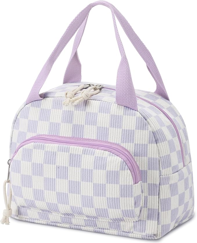 Lunch Bag Women Lunch Box for Women Adult Cute Insulated Lunch Bag Small Cooler Lunch Tote Bags for Work Picnic Travel(Beige-Purple Plaid)