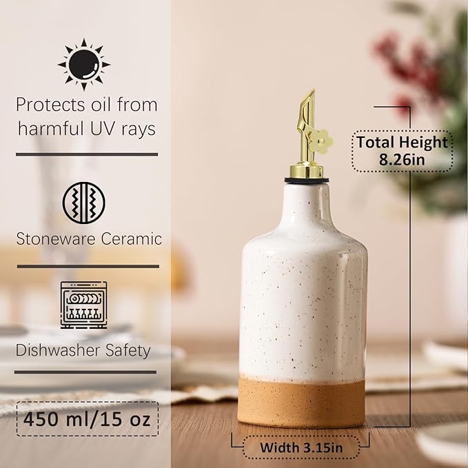 HOMCDALY Ceramic Olive Oil Dispenser Bottle, 16oz Oil Dispenser Bottle for Kitchen, Oil Container, Kitchen Dispenser for Oil Vinegar Syrups(White&Brown