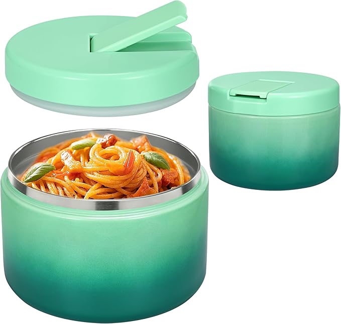 12oz Insulated Vacuum Food Jar with Buckle Lid Wide Mouth Soup Thermo for Hot Food Kids Leakproof Stainless Steel Lunch Container (Gradient Green, 12OZ)