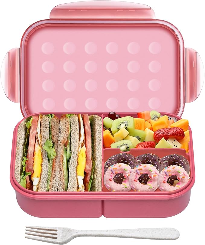 Wheat Straw Lunch Box, Leakproof 3-Compartment Bento Box for Kids & Adults, BPA-Free, Microwave & Dishwasher Safe, 5.5 Cup/1400 ml, Dusty Rose