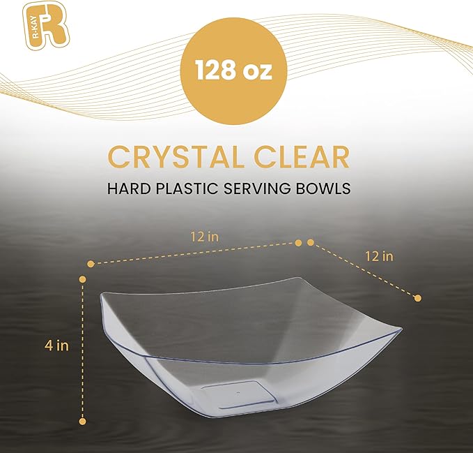 R-kay 6 Pack Extra Large Square Serving Bowl - 128 Ounce Plastic Serving Bowls For Entertaining - Clear Plastic Bowls For Salads And Snacks - Disposable bowls For All Occasions