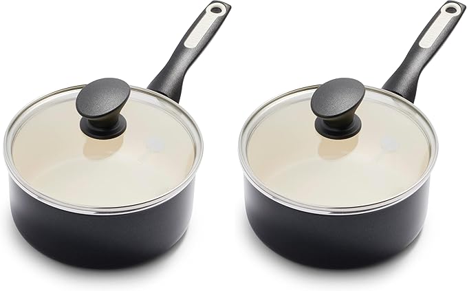 GreenPan Rio Healthy Ceramic Nonstick 2QT Saucepan Pot with Lid, PFAS-Free, Dishwasher Safe, Black (Pack of 2)