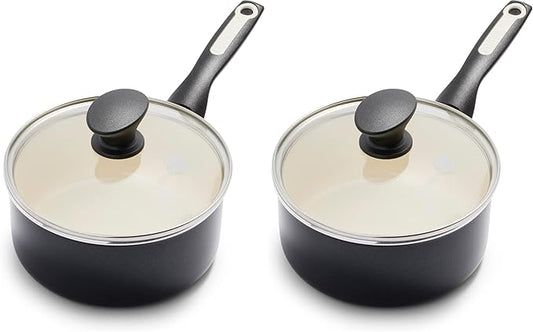 GreenPan Rio Healthy Ceramic Nonstick 2QT Saucepan Pot with Lid, PFAS-Free, Dishwasher Safe, Black (Pack of 2)