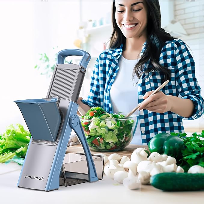 All-in-1 Update Safe Mandoline Slicer for Kitchen, Food Chopper with Container, Thickness Adjustable Vegetable Chopper, Potato French Fry Cutter Tomato Apple Slicer Onion (Blue)